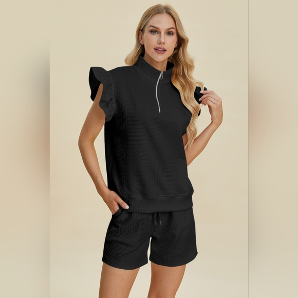 Double Take Full Size Texture Flounce Sleeve Top and Shorts Set - Picture 2 of 6